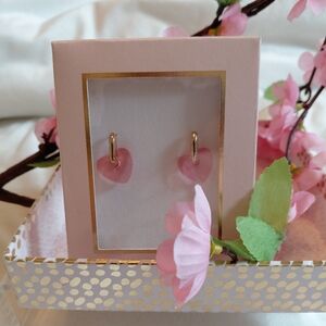 Pink Heart Hoop Drop Earrings - Gold Tone NWT